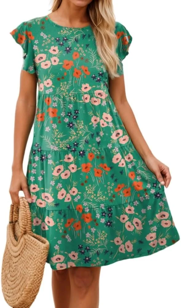 Womens Summer Boho Floral Print Ruffle Cap Sleeve Mini Dresses Crew Neck Flowy Beach Vacation Casual Loose Dress