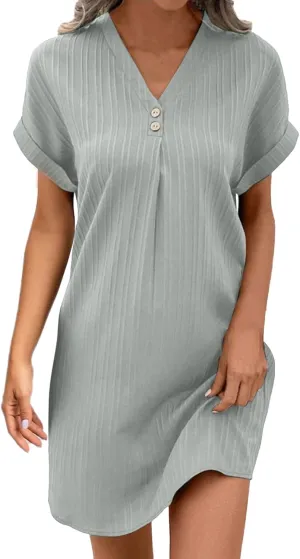 Women's Summer Casual T Shirt Dresses Short Sleeve Button Down Swing Dress, XX-Large, Green