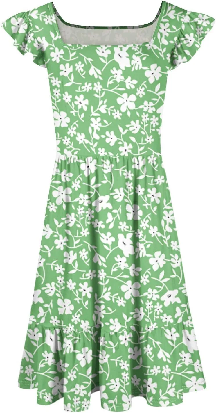 Womens Summer Dress Casual Square Neck Ruffle Tiered Floral Sundress Boho Beach A Line Cute Mini Dress with Pockets