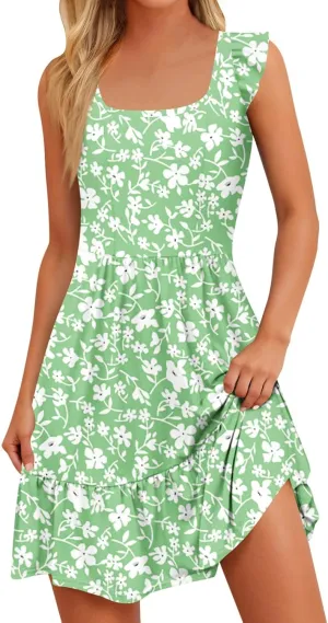 Womens Summer Dress Casual Square Neck Ruffle Tiered Floral Sundress Boho Beach A Line Cute Mini Dress with Pockets