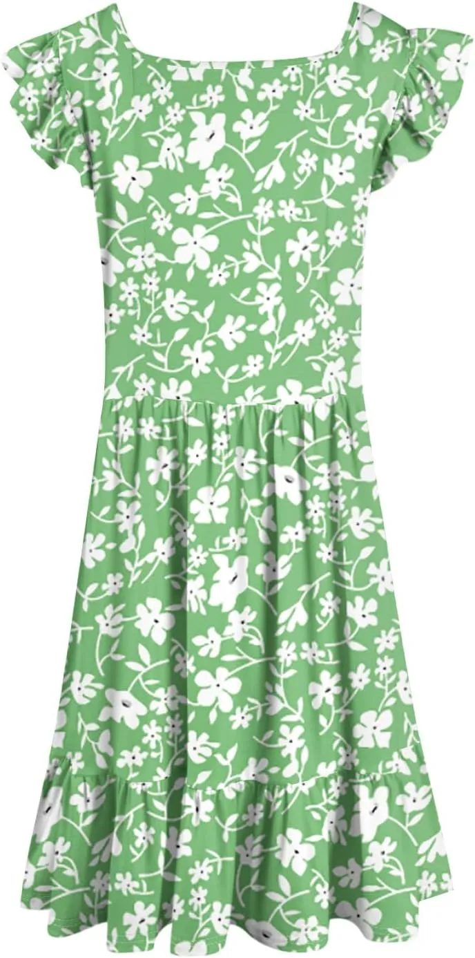Womens Summer Dress Casual Square Neck Ruffle Tiered Floral Sundress Boho Beach A Line Cute Mini Dress with Pockets