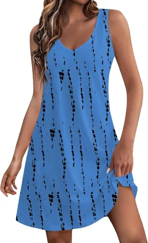 Womens Summer Dresses 2024 Loose V Neck Floral Print Boho Tank Dress with Pocket