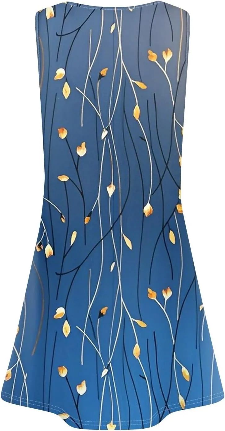 Women's Summer Dresses 2025 Beach Pleated Sleeveless Casual Skirts Floral Printed Tank Loose Fit Sundress with Pocket