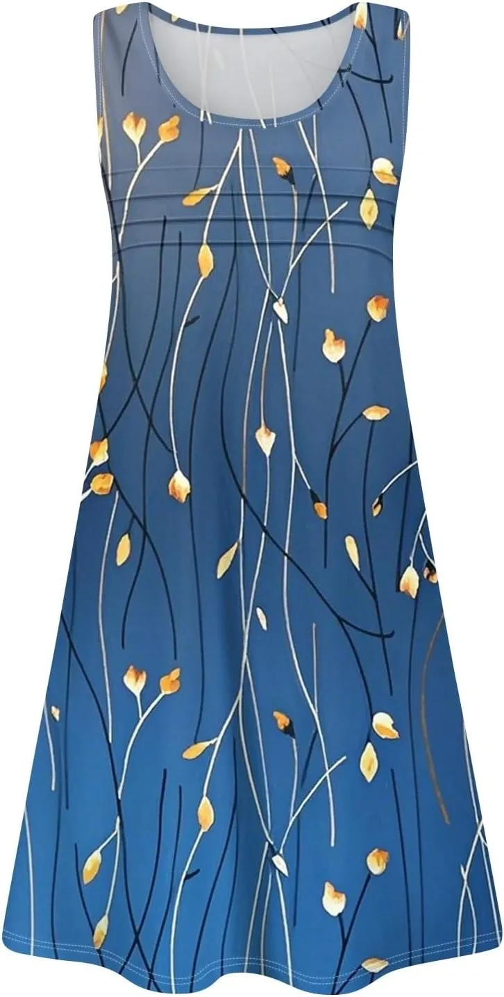Women's Summer Dresses 2025 Beach Pleated Sleeveless Casual Skirts Floral Printed Tank Loose Fit Sundress with Pocket