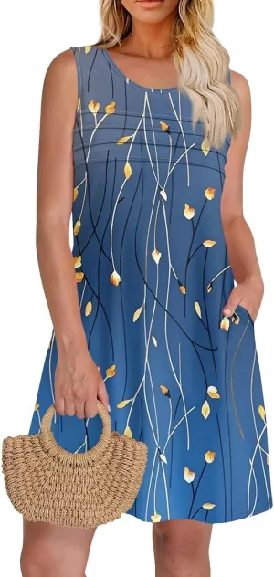 Women's Summer Dresses 2025 Beach Pleated Sleeveless Casual Skirts Floral Printed Tank Loose Fit Sundress with Pocket