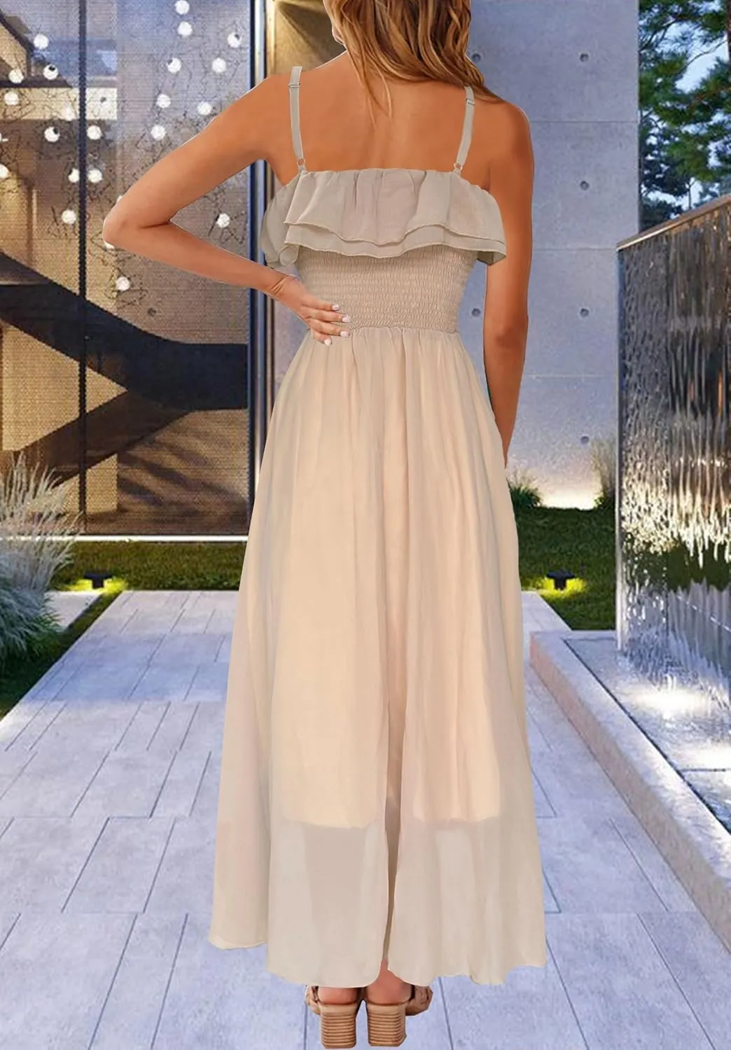 Women's Summer Dresses 2025 Sundress Spaghetti Strap Smocked Ruffle Beach Long Dress Boho Floral Maxi Dresses