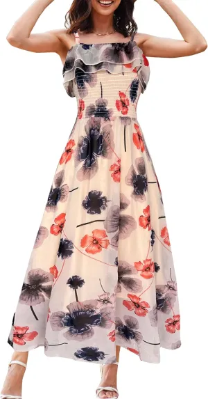 Women's Summer Dresses 2025 Sundress Spaghetti Strap Smocked Ruffle Beach Long Dress Boho Floral Maxi Dresses