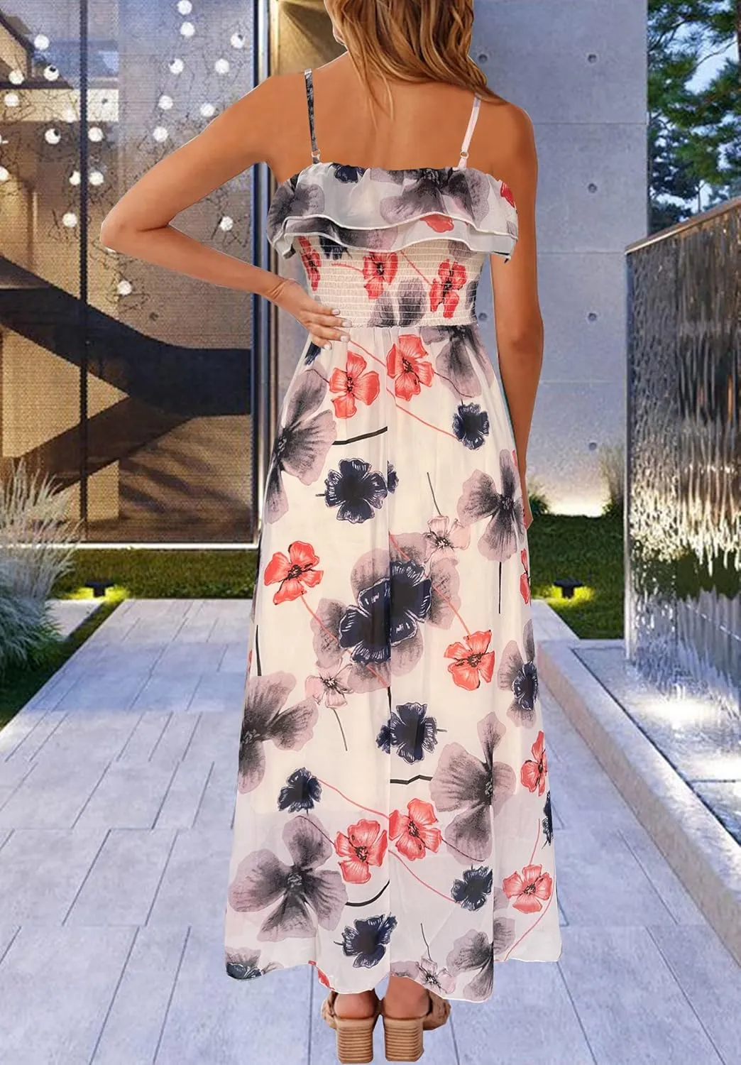 Women's Summer Dresses 2025 Sundress Spaghetti Strap Smocked Ruffle Beach Long Dress Boho Floral Maxi Dresses