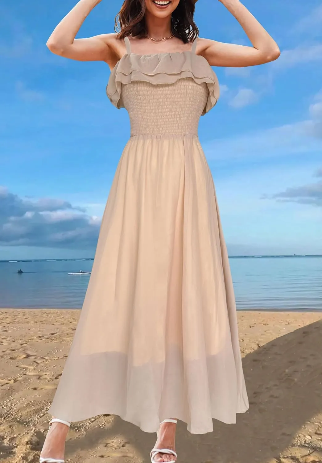Women's Summer Dresses 2025 Sundress Spaghetti Strap Smocked Ruffle Beach Long Dress Boho Floral Maxi Dresses