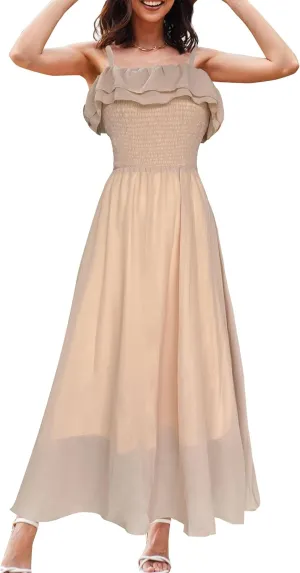 Women's Summer Dresses 2025 Sundress Spaghetti Strap Smocked Ruffle Beach Long Dress Boho Floral Maxi Dresses