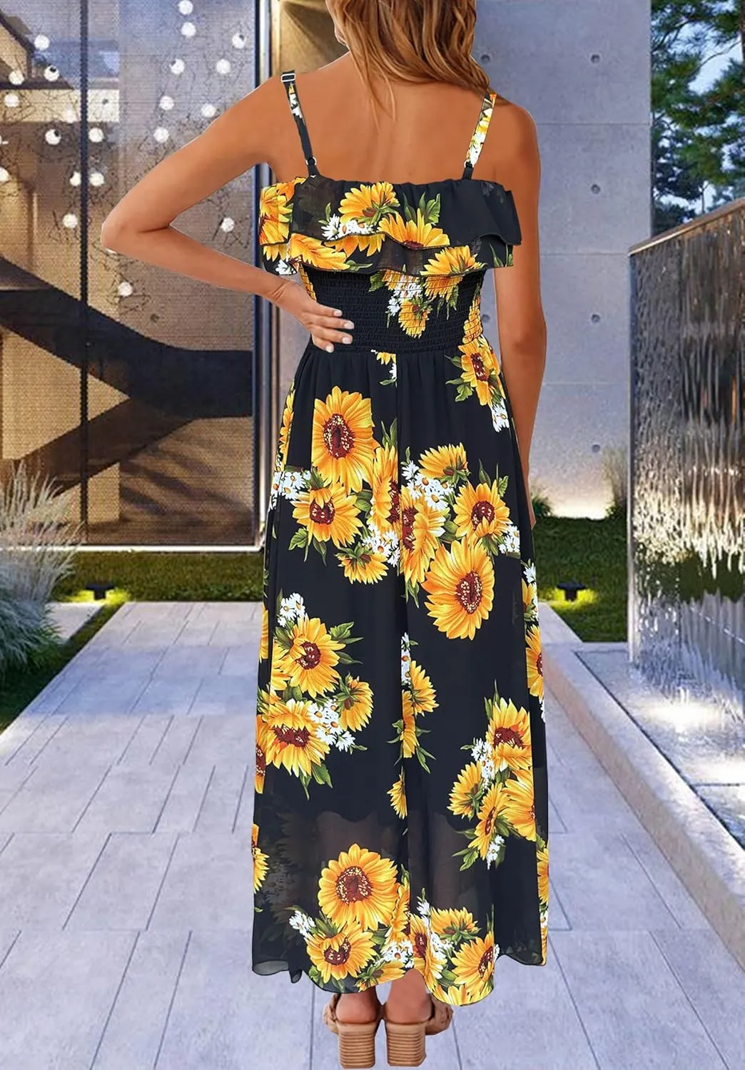 Women's Summer Dresses 2025 Sundress Spaghetti Strap Smocked Ruffle Beach Long Dress Boho Floral Maxi Dresses