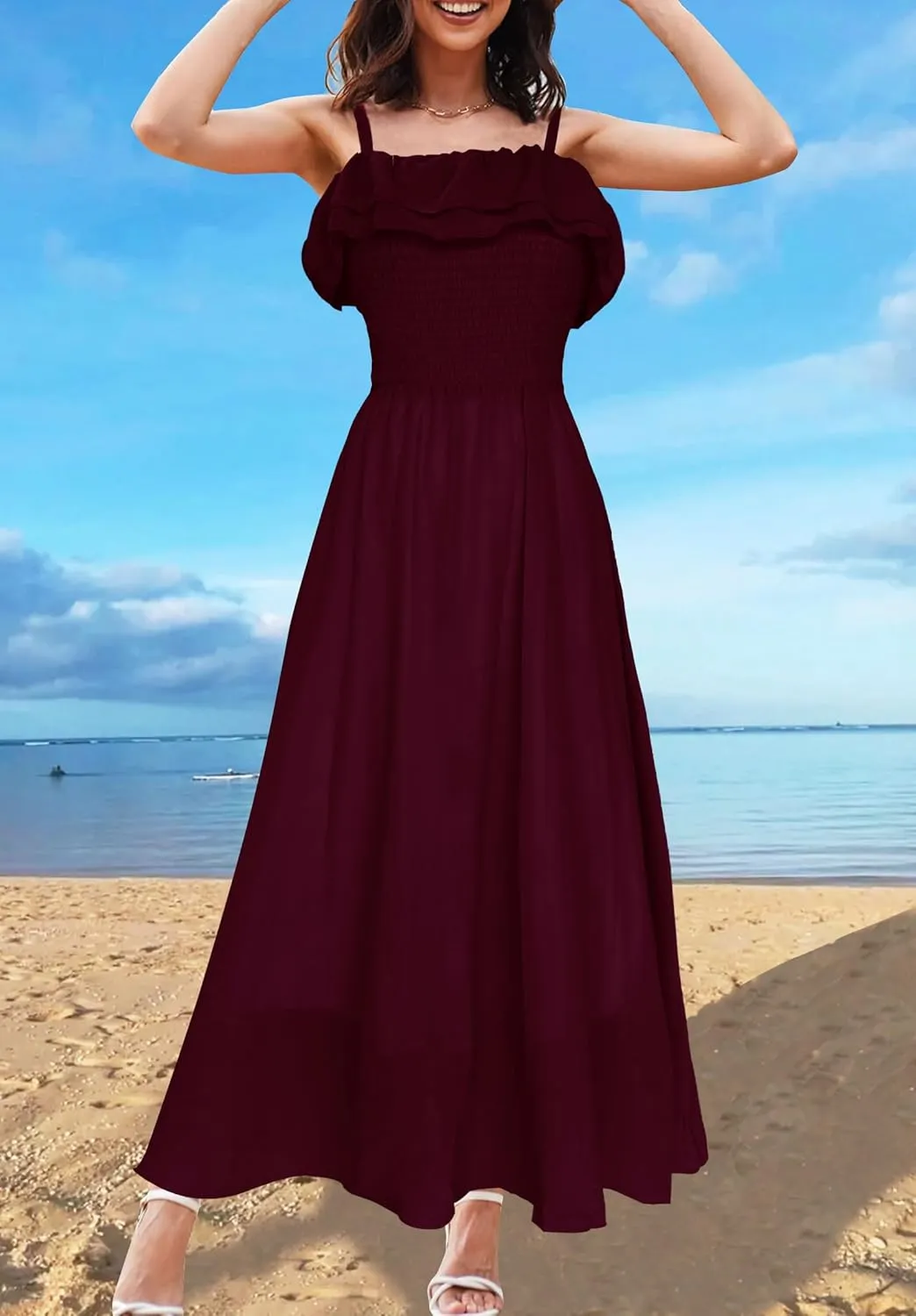 Women's Summer Dresses 2025 Sundress Spaghetti Strap Smocked Ruffle Beach Long Dress Boho Floral Maxi Dresses