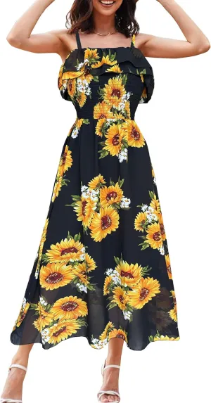Women's Summer Dresses 2025 Sundress Spaghetti Strap Smocked Ruffle Beach Long Dress Boho Floral Maxi Dresses