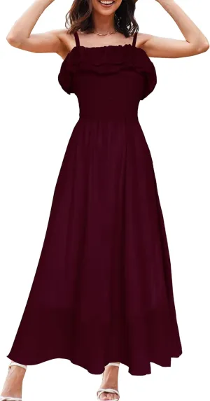 Women's Summer Dresses 2025 Sundress Spaghetti Strap Smocked Ruffle Beach Long Dress Boho Floral Maxi Dresses