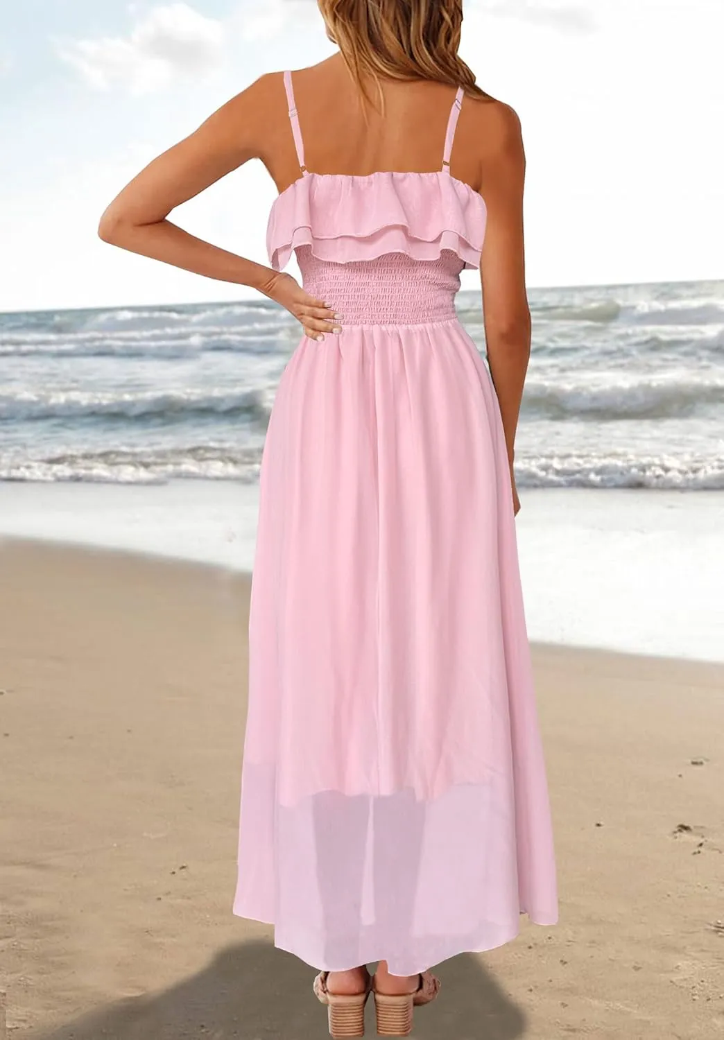 Women's Summer Dresses 2025 Sundress Spaghetti Strap Smocked Ruffle Beach Long Dress Boho Floral Maxi Dresses