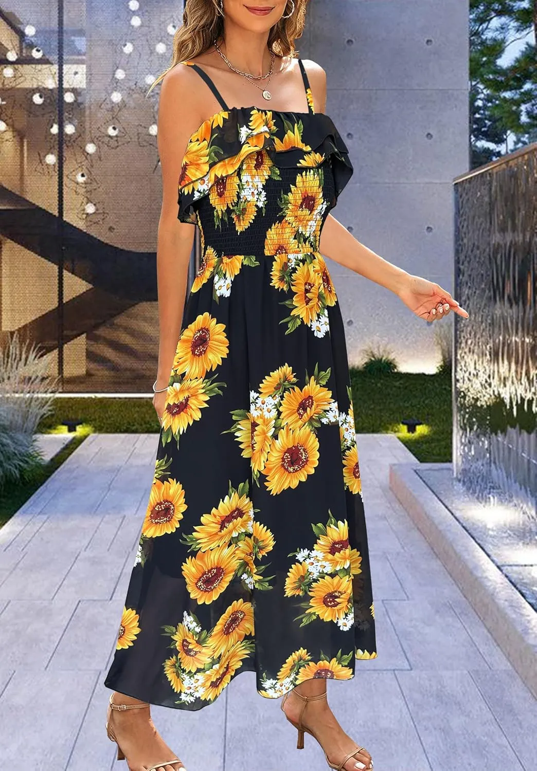 Women's Summer Dresses 2025 Sundress Spaghetti Strap Smocked Ruffle Beach Long Dress Boho Floral Maxi Dresses
