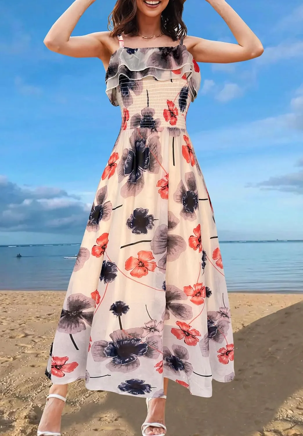 Women's Summer Dresses 2025 Sundress Spaghetti Strap Smocked Ruffle Beach Long Dress Boho Floral Maxi Dresses