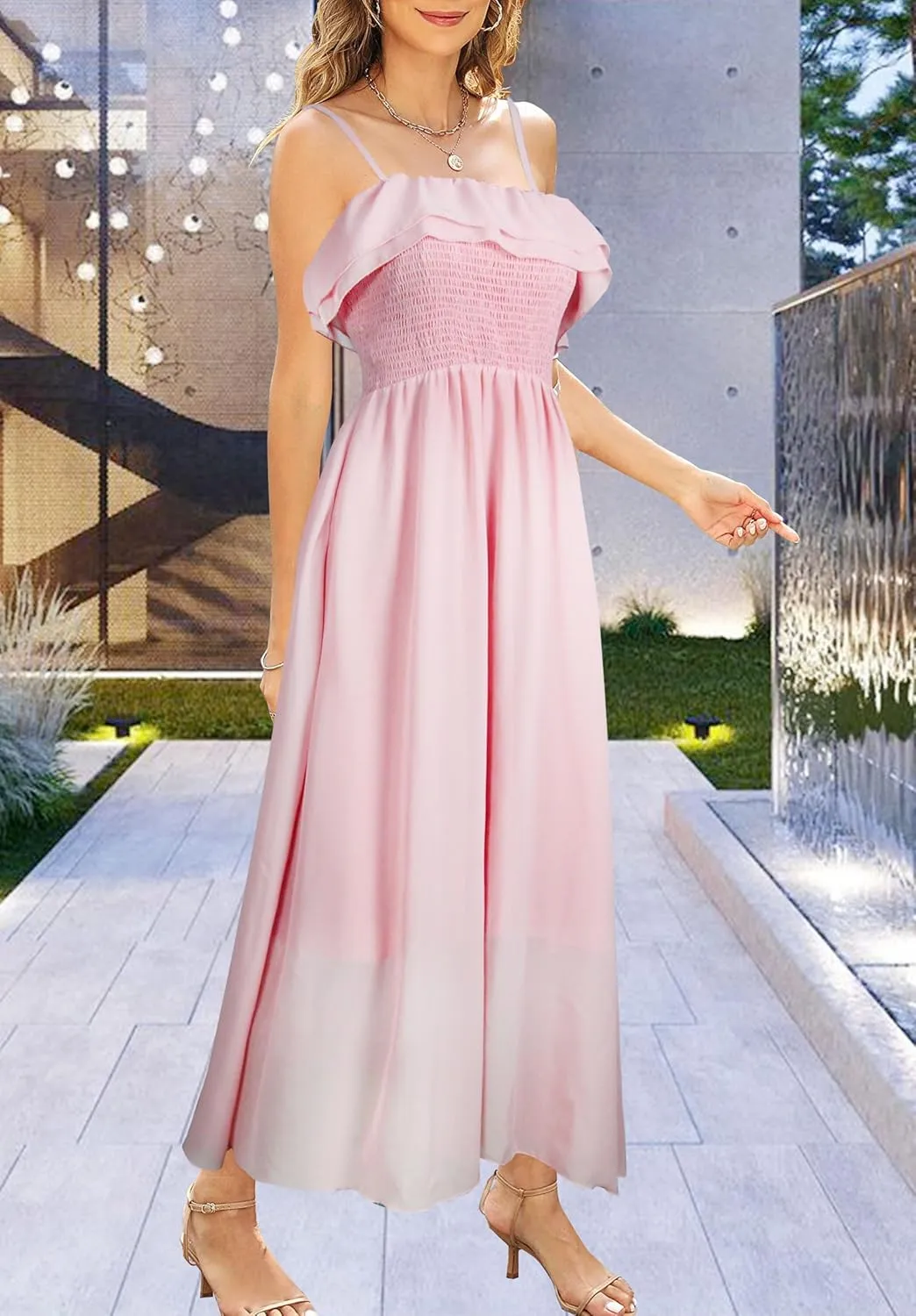 Women's Summer Dresses 2025 Sundress Spaghetti Strap Smocked Ruffle Beach Long Dress Boho Floral Maxi Dresses