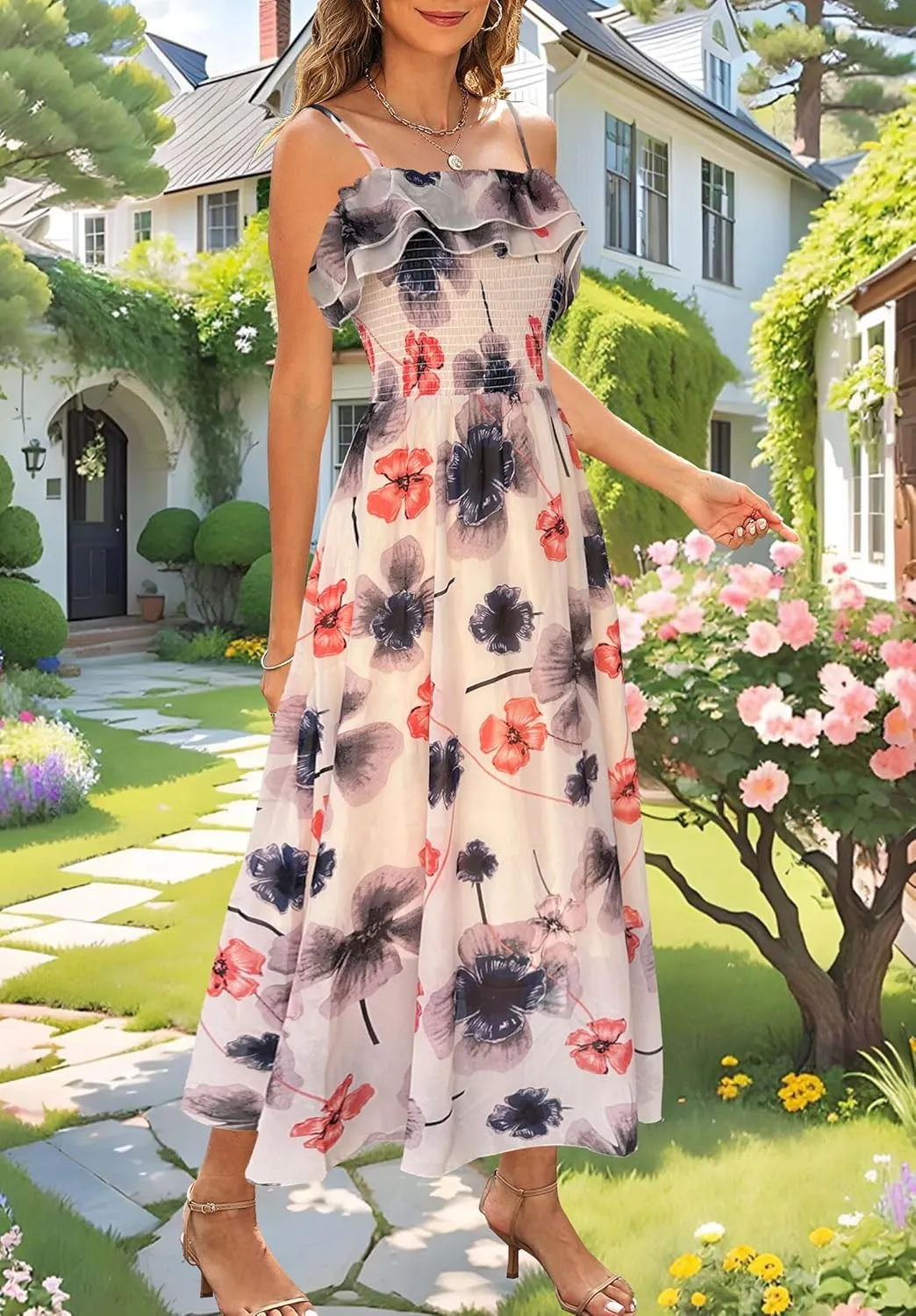 Women's Summer Dresses 2025 Sundress Spaghetti Strap Smocked Ruffle Beach Long Dress Boho Floral Maxi Dresses