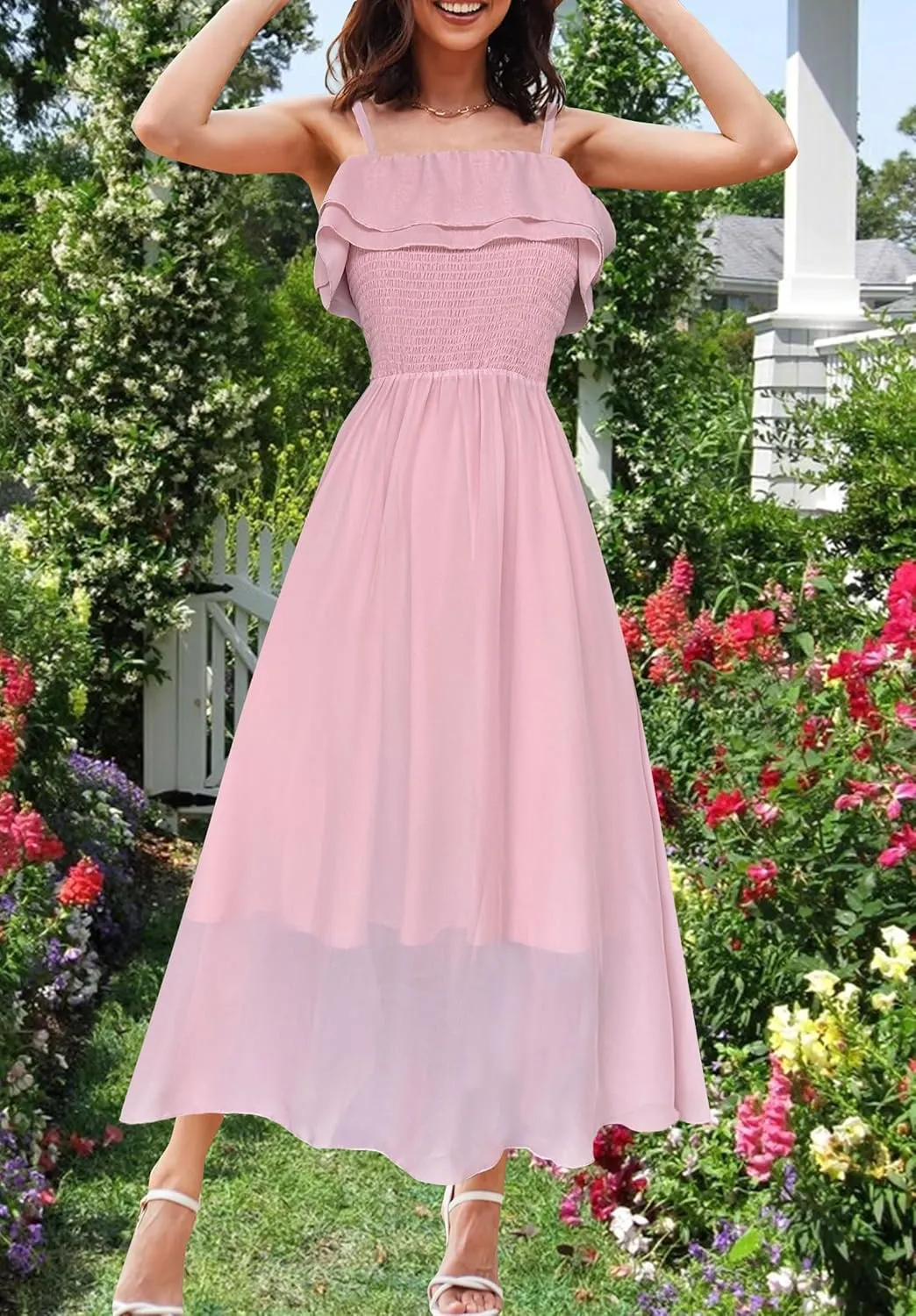 Women's Summer Dresses 2025 Sundress Spaghetti Strap Smocked Ruffle Beach Long Dress Boho Floral Maxi Dresses