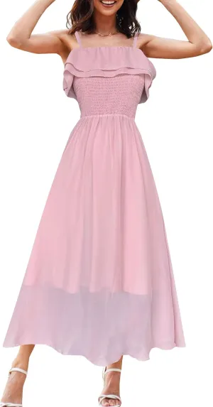Women's Summer Dresses 2025 Sundress Spaghetti Strap Smocked Ruffle Beach Long Dress Boho Floral Maxi Dresses