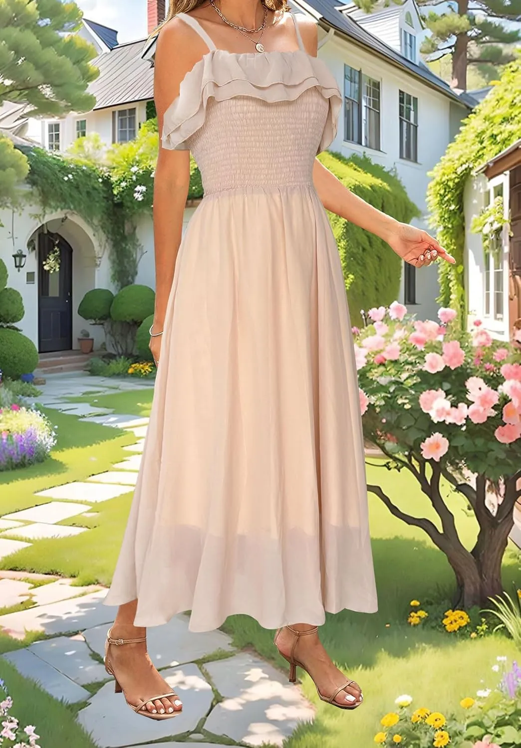 Women's Summer Dresses 2025 Sundress Spaghetti Strap Smocked Ruffle Beach Long Dress Boho Floral Maxi Dresses