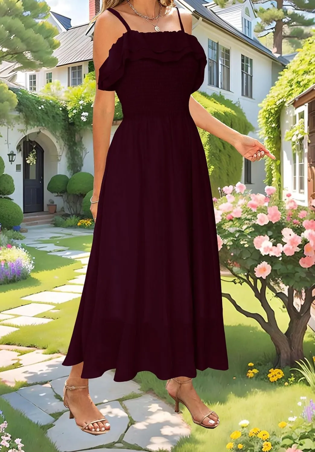 Women's Summer Dresses 2025 Sundress Spaghetti Strap Smocked Ruffle Beach Long Dress Boho Floral Maxi Dresses