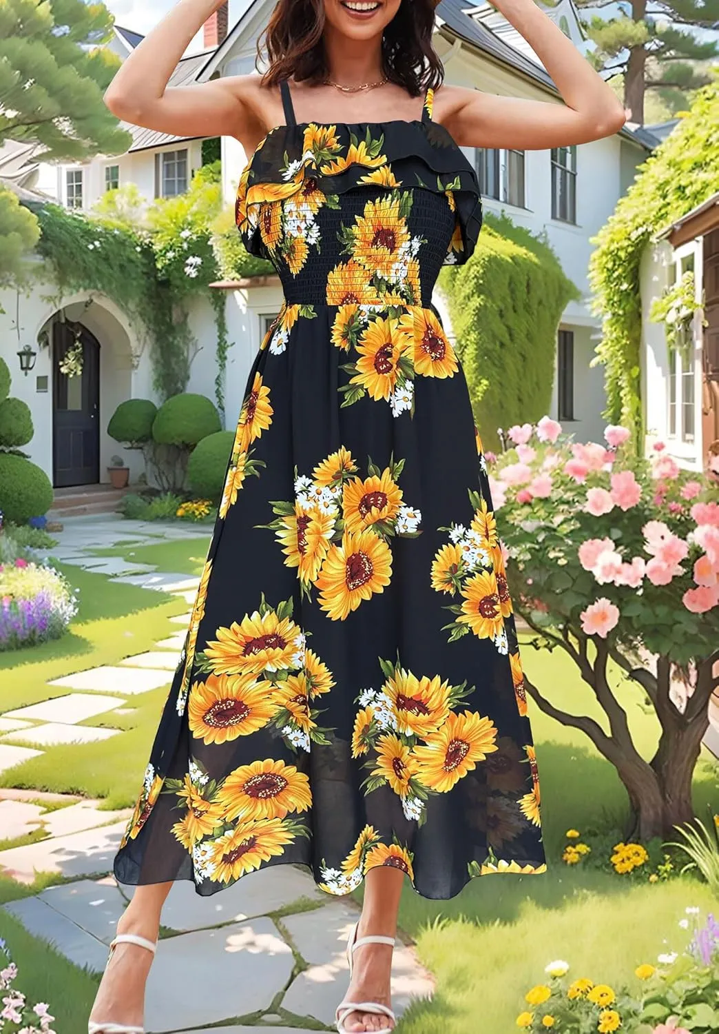 Women's Summer Dresses 2025 Sundress Spaghetti Strap Smocked Ruffle Beach Long Dress Boho Floral Maxi Dresses