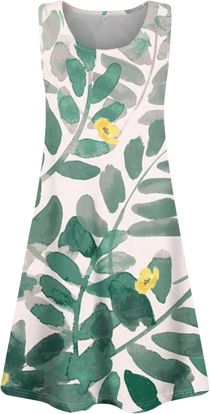 Womens Summer Dresses Casual Beach Sleeveless Loose U Neck Sundresses Dress with Pockets