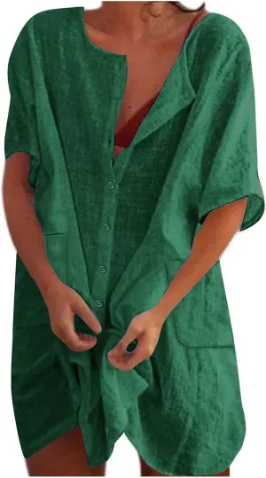 Womens Summer Dresses Cotton Linen Short Sleeve Knee Length Dresses Plus Size Button Down Dresses Trendy Summer Outfits
