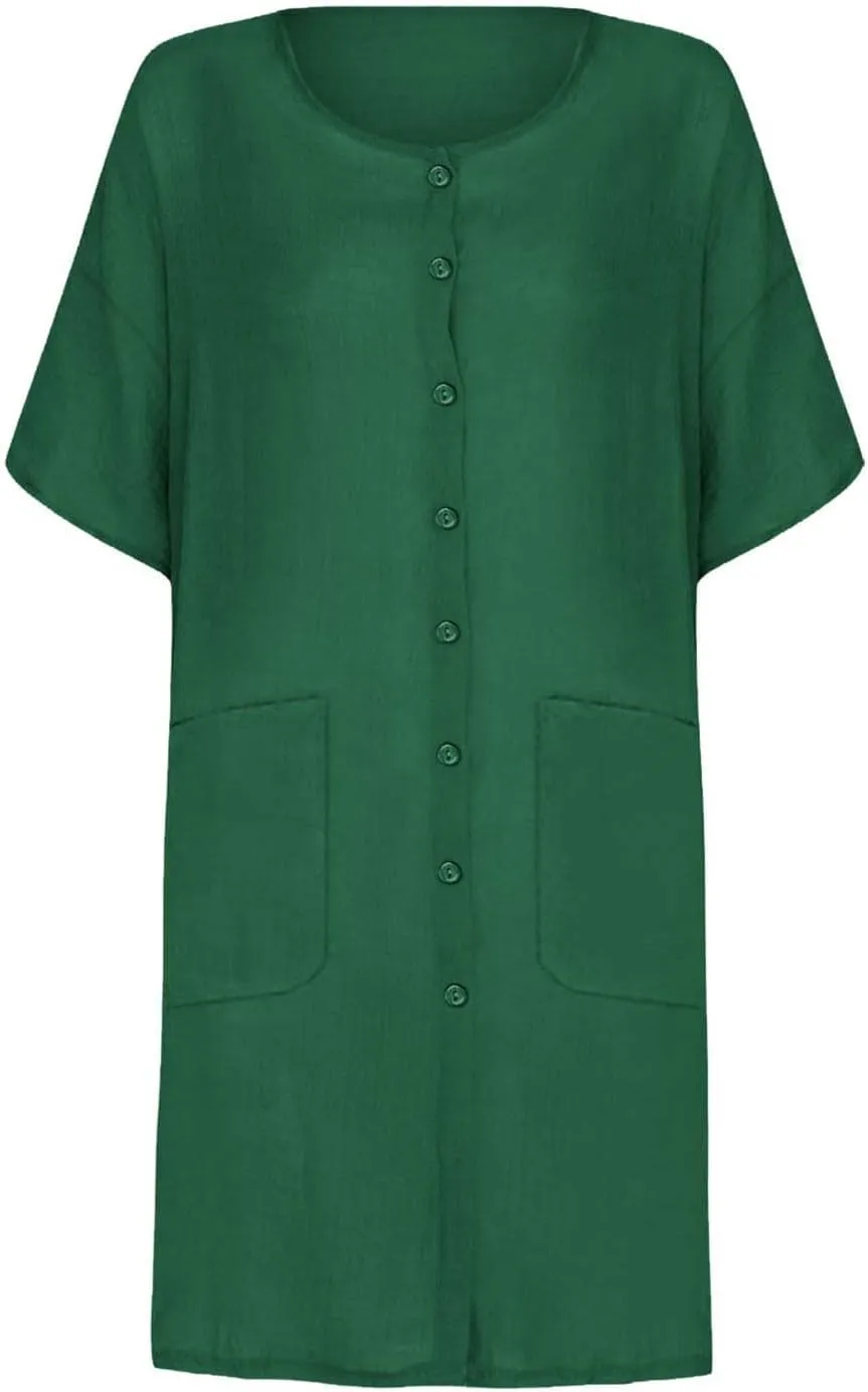 Womens Summer Dresses Cotton Linen Short Sleeve Knee Length Dresses Plus Size Button Down Dresses Trendy Summer Outfits