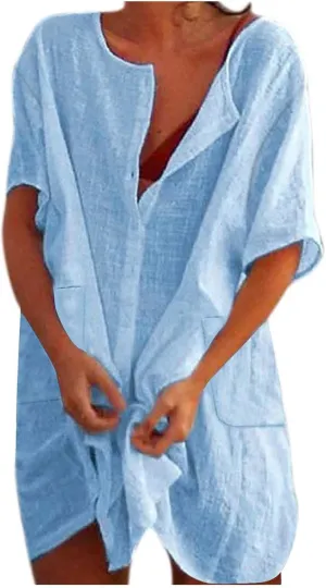 Womens Summer Dresses Cotton Linen Short Sleeve Knee Length Dresses Plus Size Button Down Dresses Trendy Summer Outfits