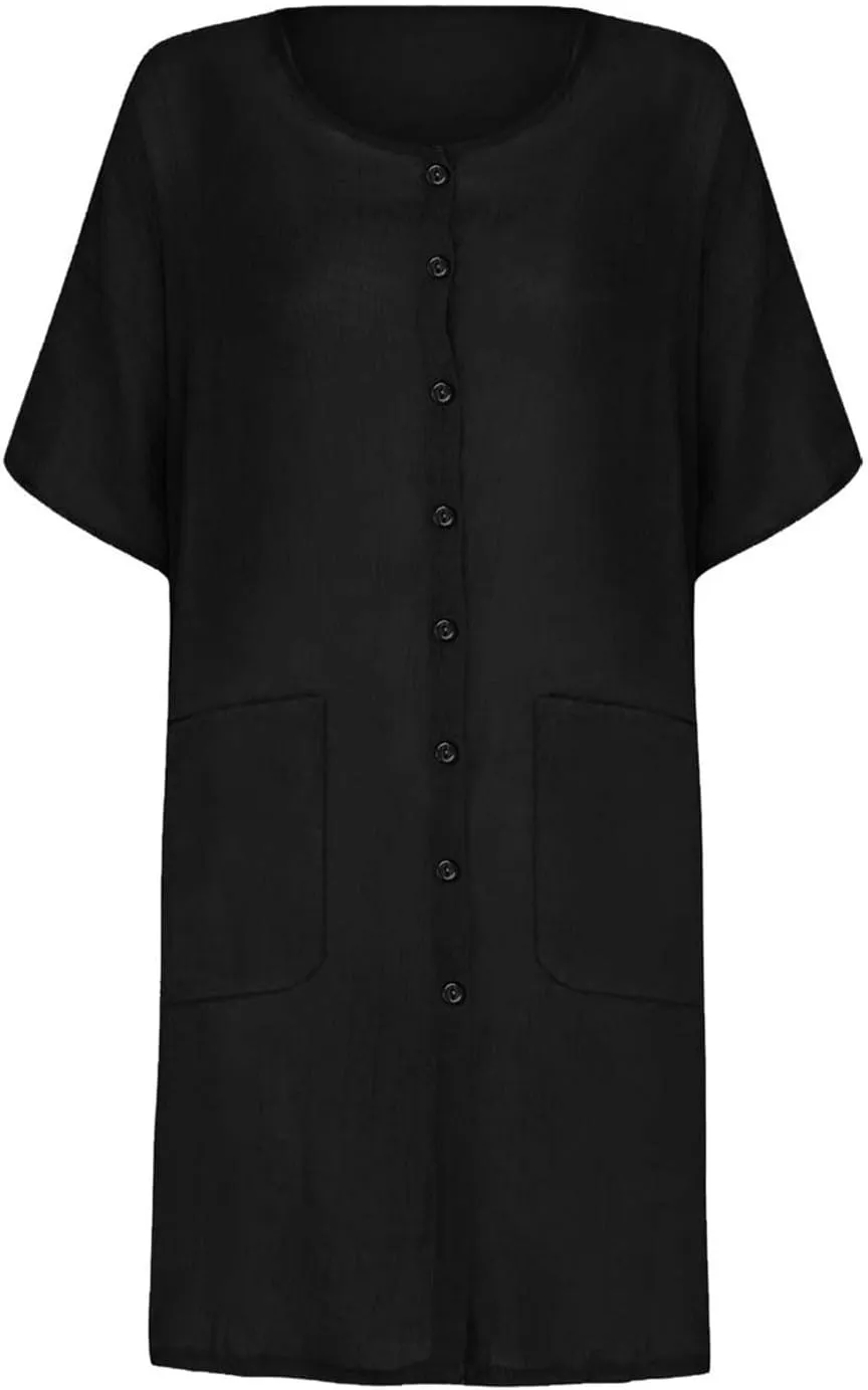 Womens Summer Dresses Cotton Linen Short Sleeve Knee Length Dresses Plus Size Button Down Dresses Trendy Summer Outfits