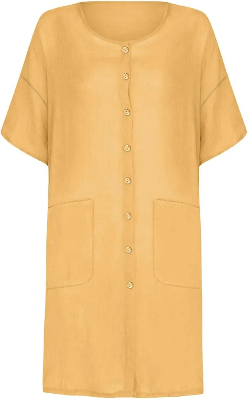 Womens Summer Dresses Cotton Linen Short Sleeve Knee Length Dresses Plus Size Button Down Dresses Trendy Summer Outfits