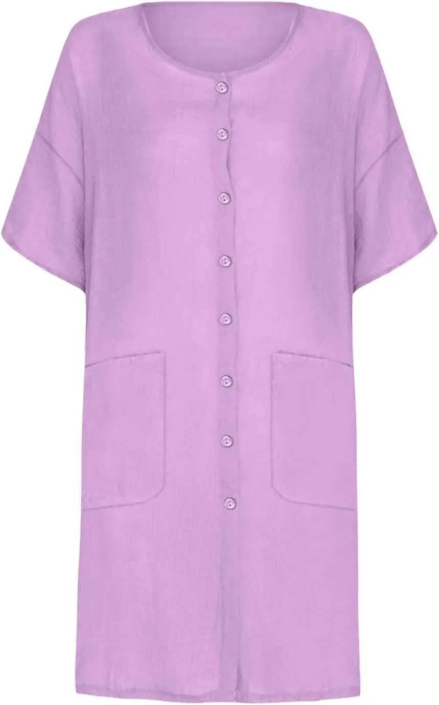 Womens Summer Dresses Cotton Linen Short Sleeve Knee Length Dresses Plus Size Button Down Dresses Trendy Summer Outfits