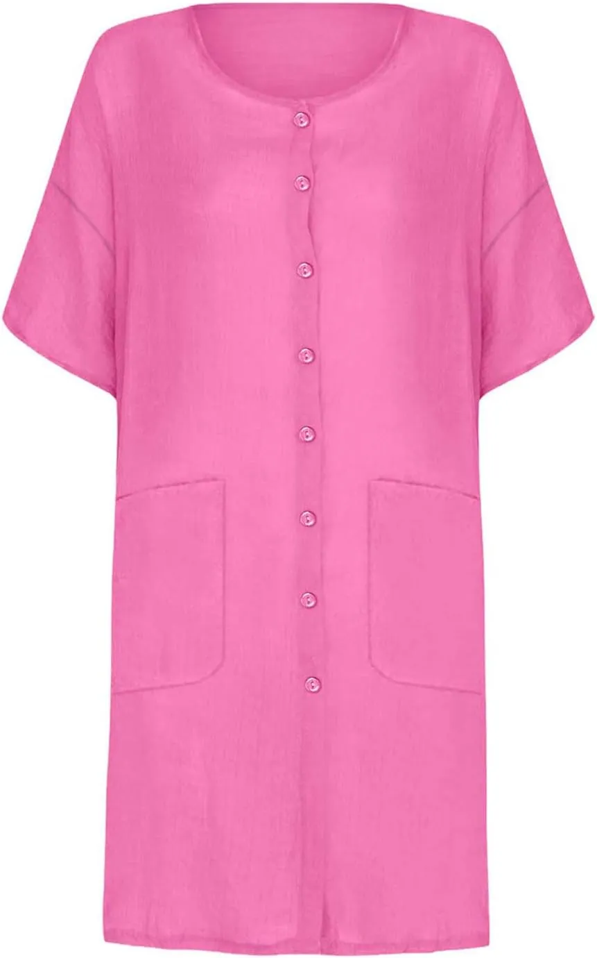 Womens Summer Dresses Cotton Linen Short Sleeve Knee Length Dresses Plus Size Button Down Dresses Trendy Summer Outfits