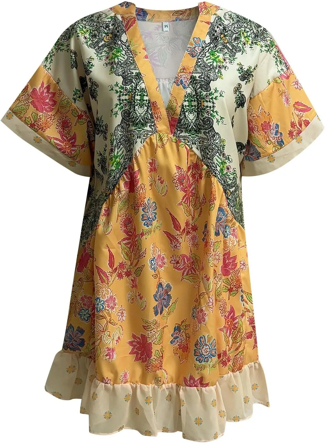 Womens Summer Dresses Short Sleeve V Neck Casual Beach Dresses Vintage Boho Dress A-Line Swing Mini Babydoll Dress