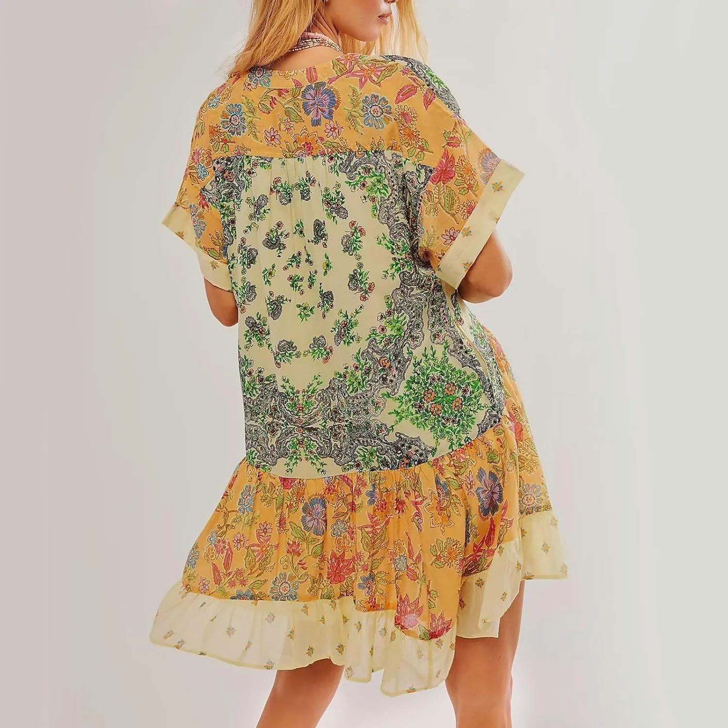 Womens Summer Dresses Short Sleeve V Neck Casual Beach Dresses Vintage Boho Dress A-Line Swing Mini Babydoll Dress