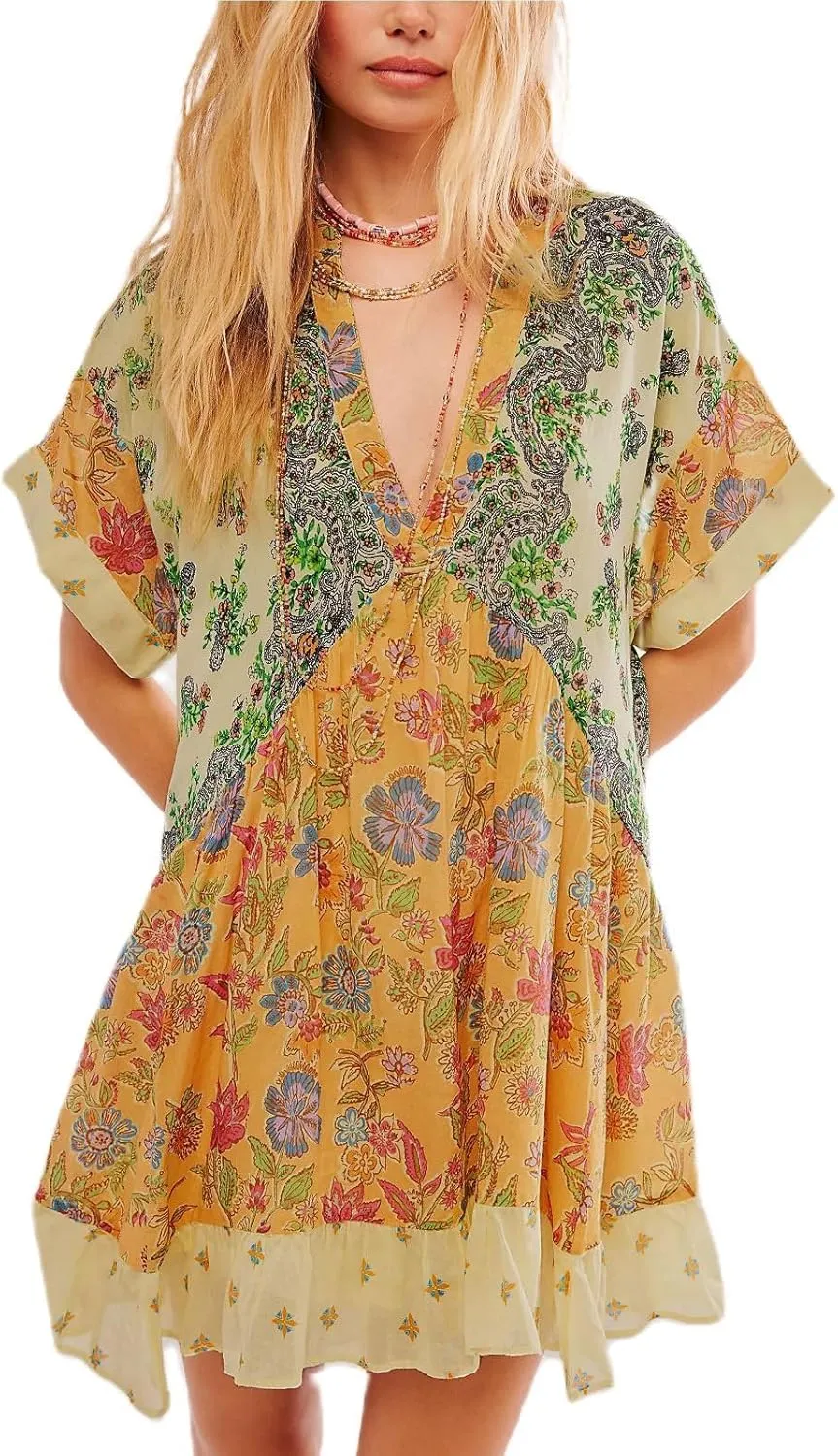 Womens Summer Dresses Short Sleeve V Neck Casual Beach Dresses Vintage Boho Dress A-Line Swing Mini Babydoll Dress
