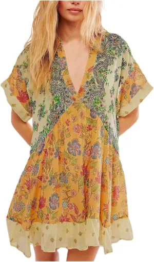 Womens Summer Dresses Short Sleeve V Neck Casual Beach Dresses Vintage Boho Dress A-Line Swing Mini Babydoll Dress