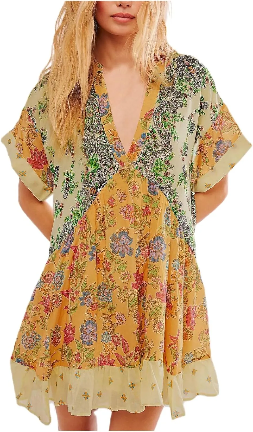 Womens Summer Dresses Short Sleeve V Neck Casual Beach Dresses Vintage Boho Dress A-Line Swing Mini Babydoll Dress