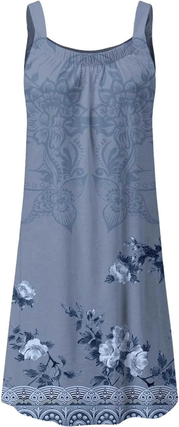 Women's Summer Fashion Vintage Flowers Printed Pleated Sleeveless Shoulder Strap Beach Vacation Casual Dress