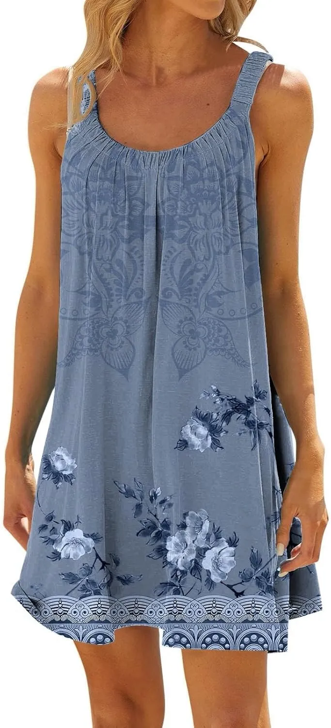 Women's Summer Fashion Vintage Flowers Printed Pleated Sleeveless Shoulder Strap Beach Vacation Casual Dress