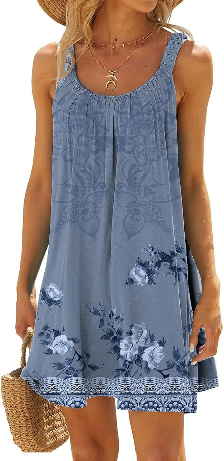 Women's Summer Fashion Vintage Flowers Printed Pleated Sleeveless Shoulder Strap Beach Vacation Casual Dress