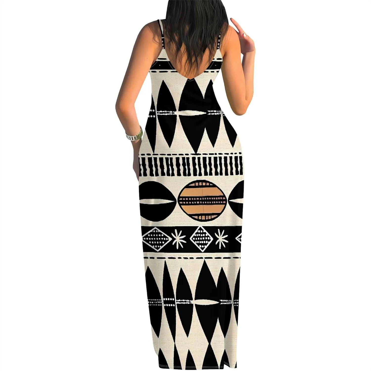 Women's Summer Maxi Dress Casual African Print Spaghetti Strap Long Maxi Dresses Sexy V-Neck Floral Sleeveless Beach Sundress