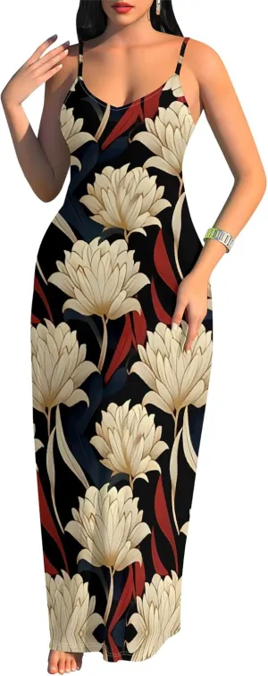 Women's Summer Maxi Dress Casual African Print Spaghetti Strap Long Maxi Dresses Sexy V-Neck Floral Sleeveless Beach Sundress
