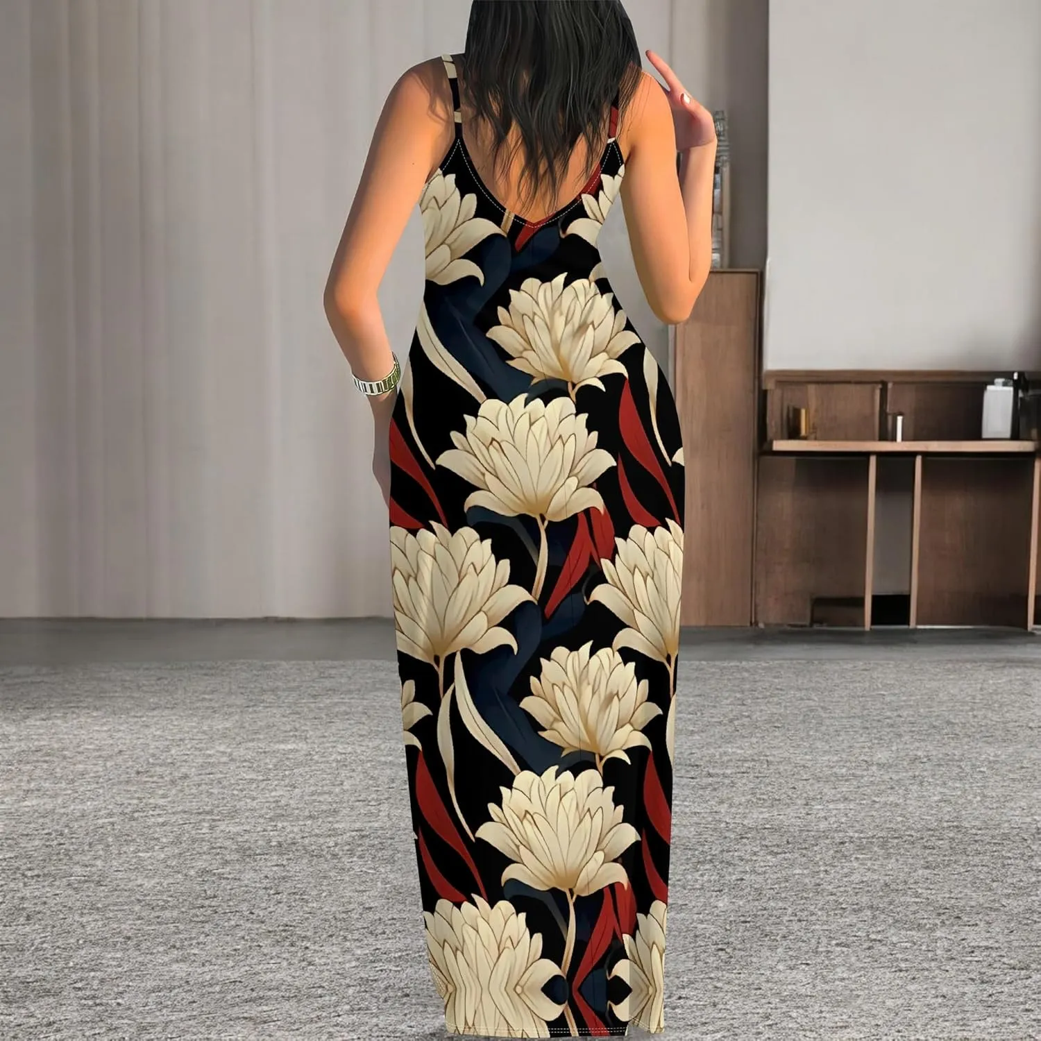 Women's Summer Maxi Dress Casual African Print Spaghetti Strap Long Maxi Dresses Sexy V-Neck Floral Sleeveless Beach Sundress