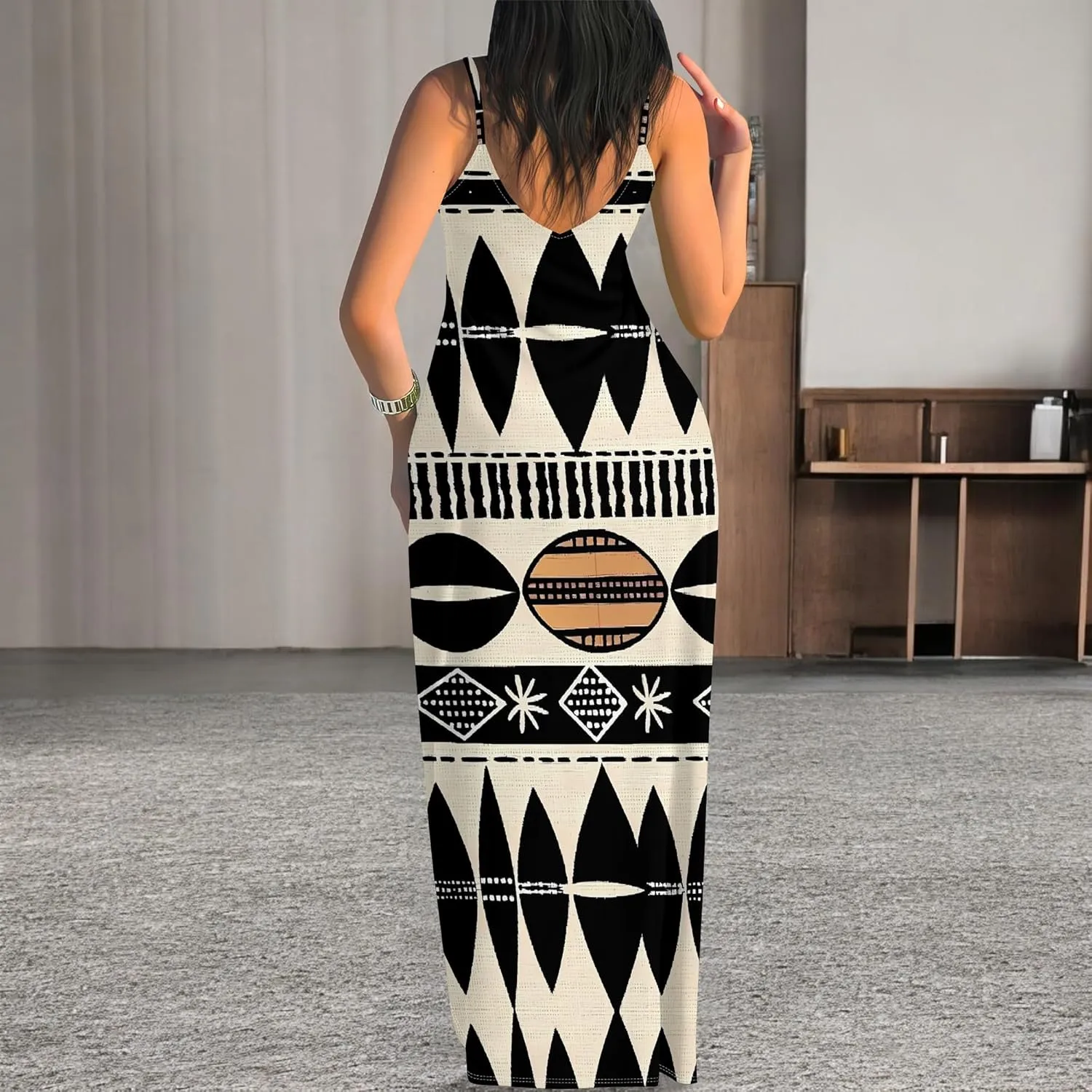 Women's Summer Maxi Dress Casual African Print Spaghetti Strap Long Maxi Dresses Sexy V-Neck Floral Sleeveless Beach Sundress