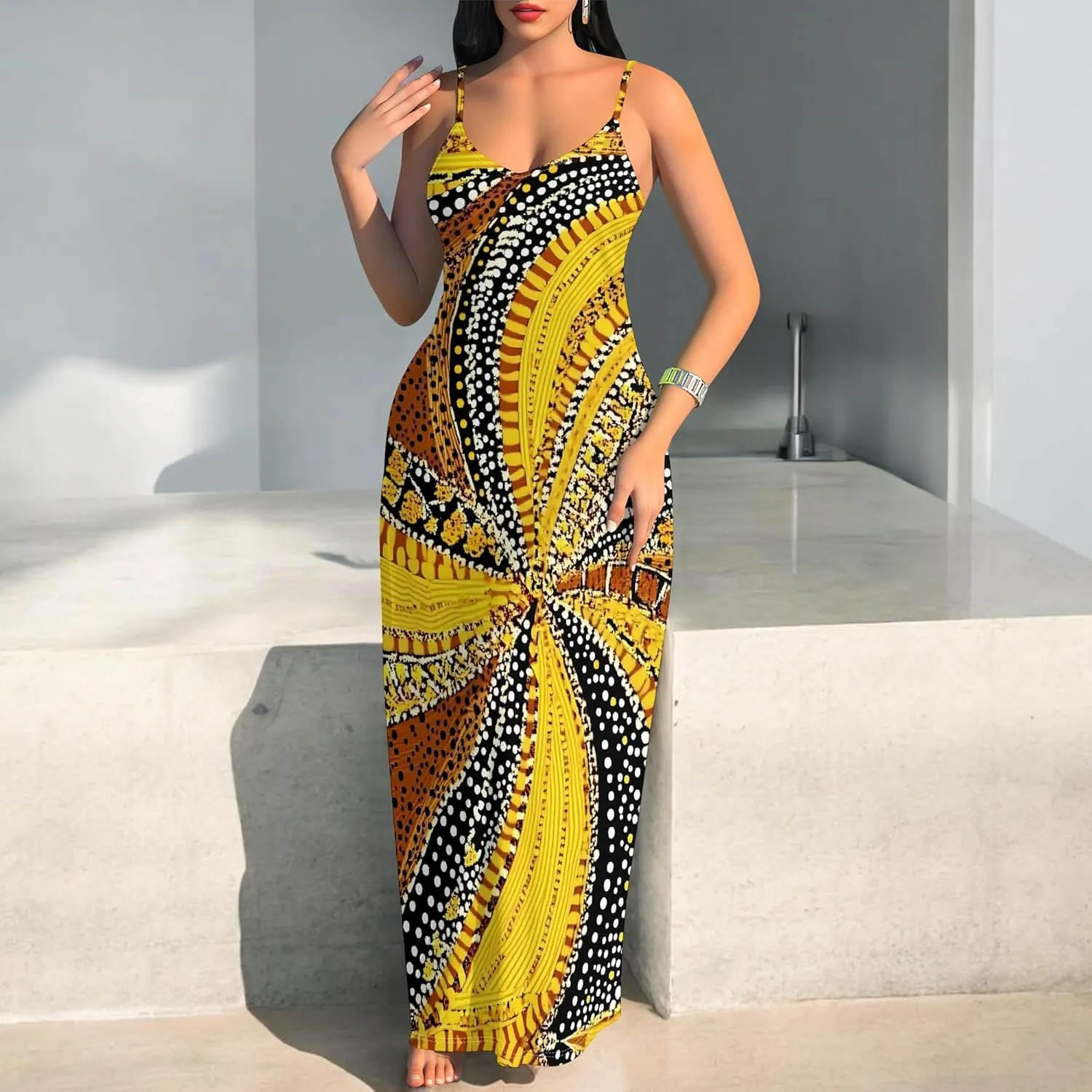 Women's Summer Maxi Dress Casual African Print Spaghetti Strap Long Maxi Dresses Sexy V-Neck Floral Sleeveless Beach Sundress