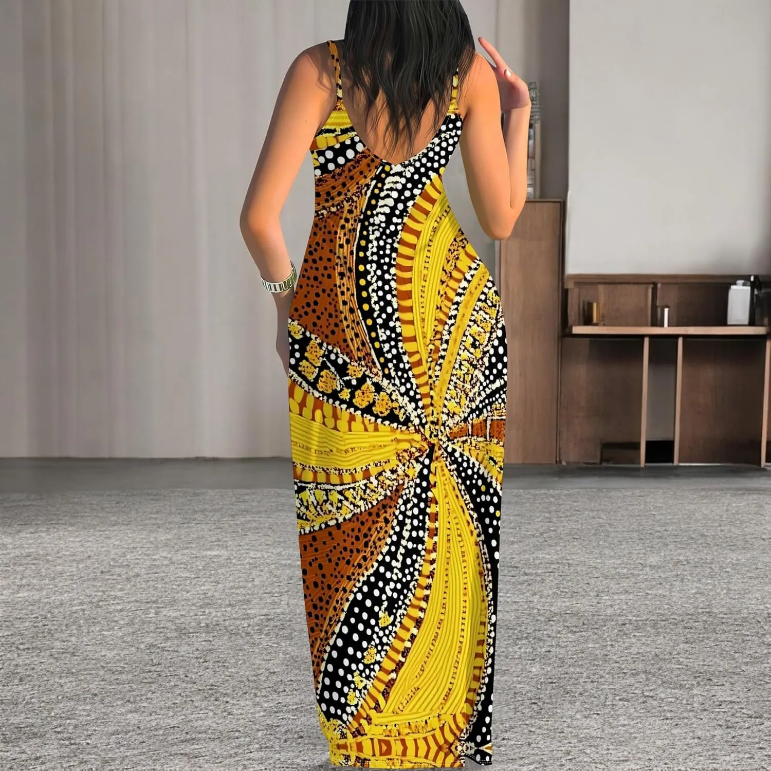 Women's Summer Maxi Dress Casual African Print Spaghetti Strap Long Maxi Dresses Sexy V-Neck Floral Sleeveless Beach Sundress